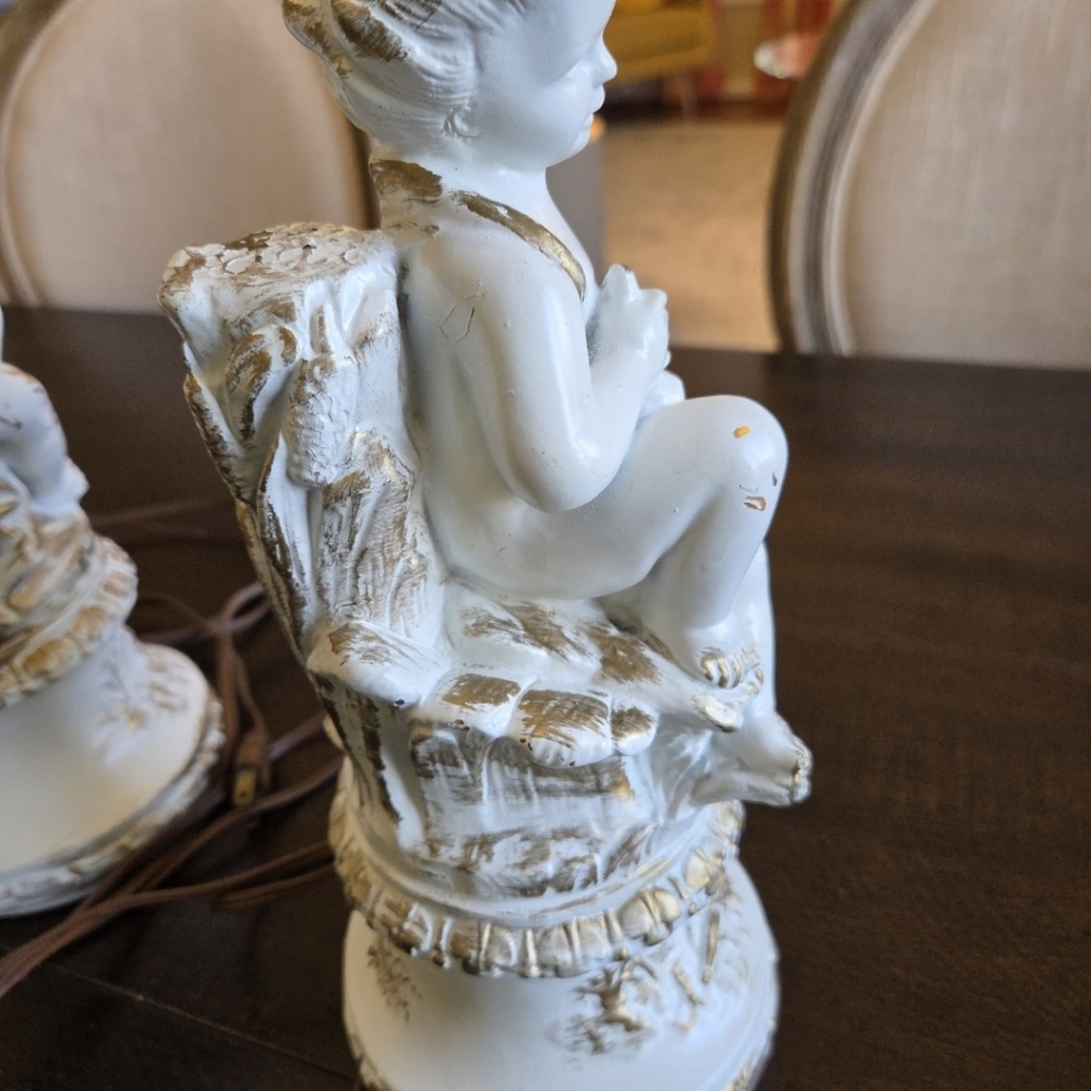 Vintage Cherub Table Lamps Off White Gold Hues Matching Set - Picture 8 of 16